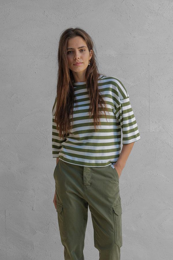 penn & ink T-SHIRT STRIPE (W25T1188) KHAKI - ECRU