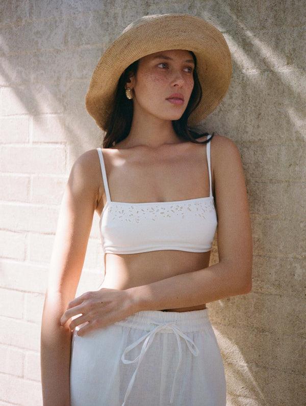 Peony Swimwear Memoir Embroidered Bandeau Crop Creme