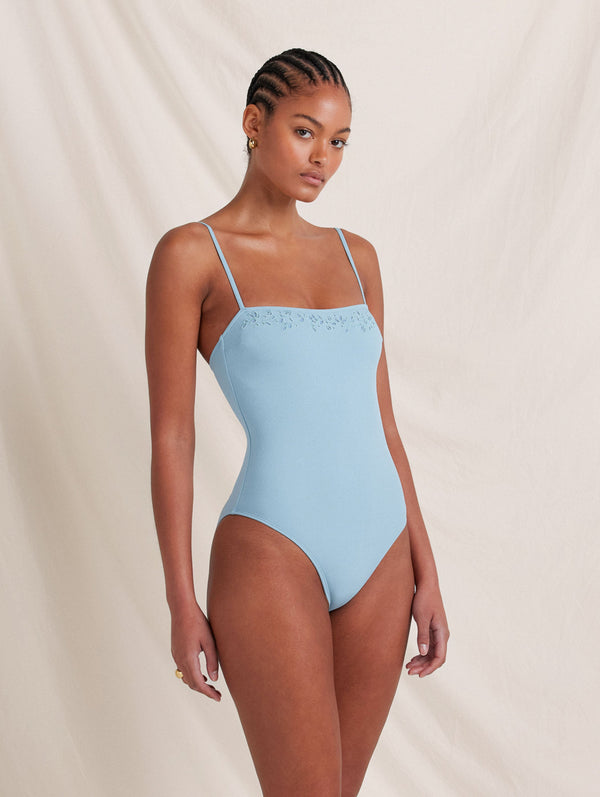 Peony Swimwear Memoir Embroidered Essential One Piece Dusty Blue