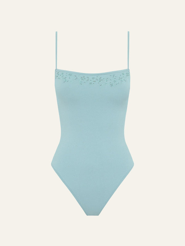 peony swimwear Memoir Embroidered Essential One Piece Dusty Blue