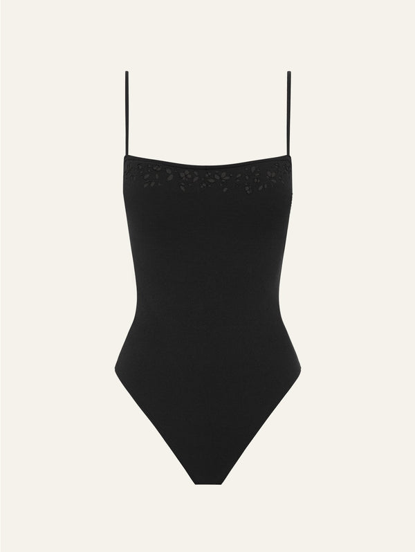 peony swimwear Memoir Embroidered Essential One Piece Ebony