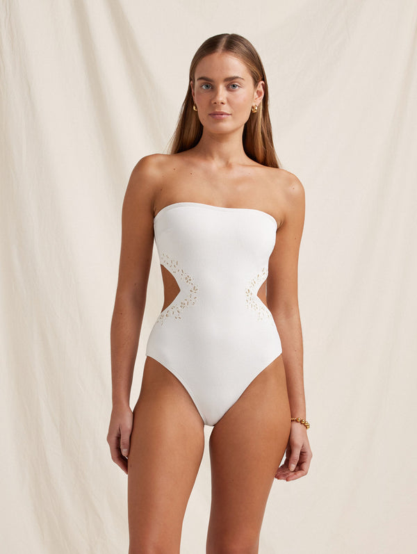 Peony Swimwear Memoir Embroidered Strapless One Piece Creme