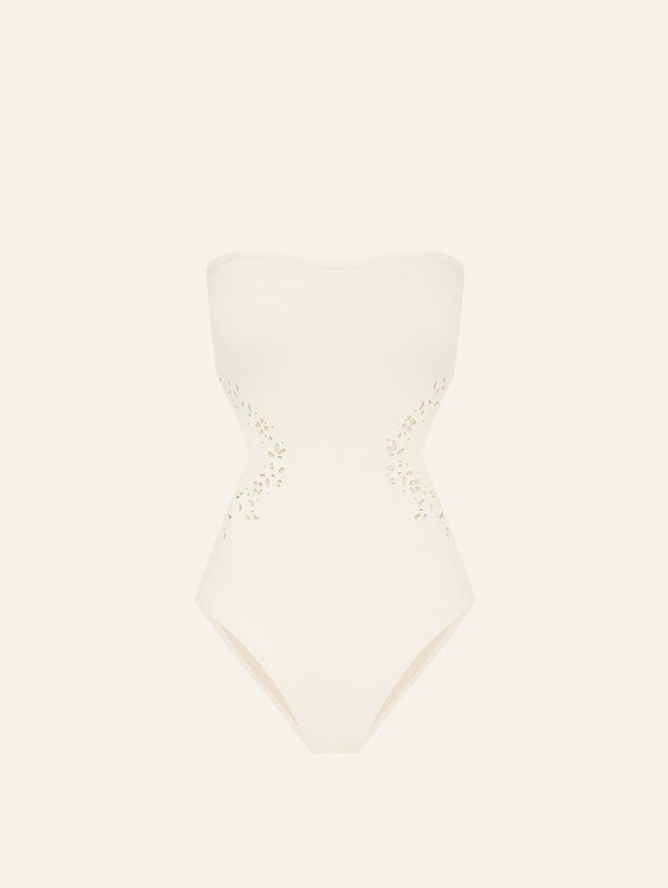 peony swimwear Memoir Embroidered Strapless One Piece Creme