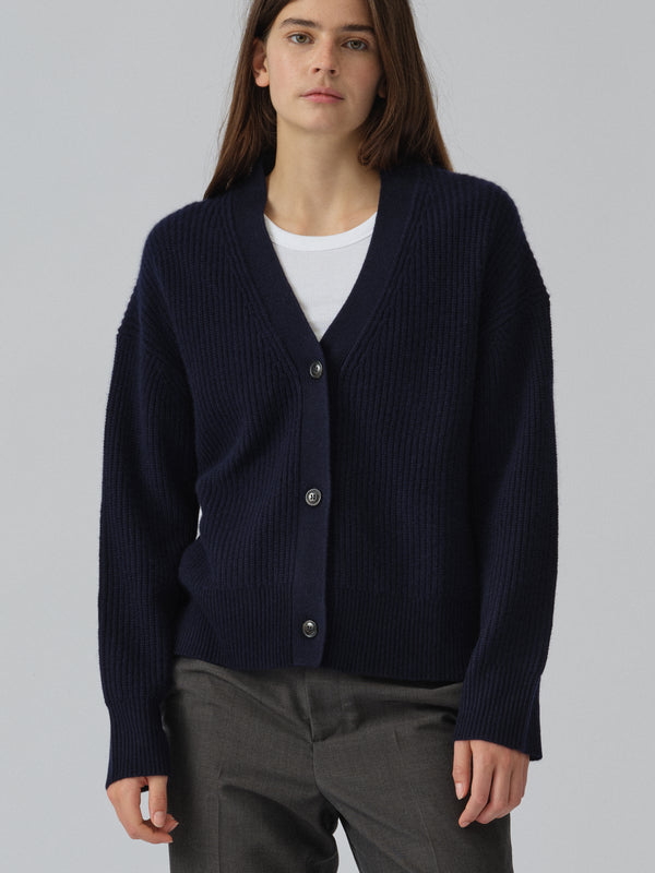 people's republic of cashmere Premium Ribbed Cardigan - Navy Blue