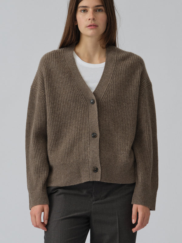 people's republic of cashmere Premium Ribbed Cardigan - Truffle