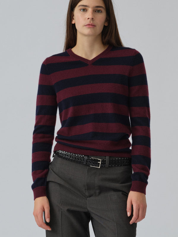 People's Republic Of Cashmere Women's Fitted 90's V-Neck - Navy Blue / Bordeaux
