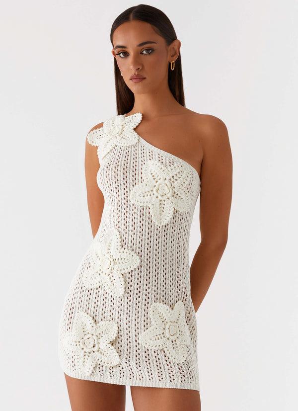 peppermayo Peppermayo Exclusive - Afterglow One Shoulder Crochet Mini Dress - Ivory