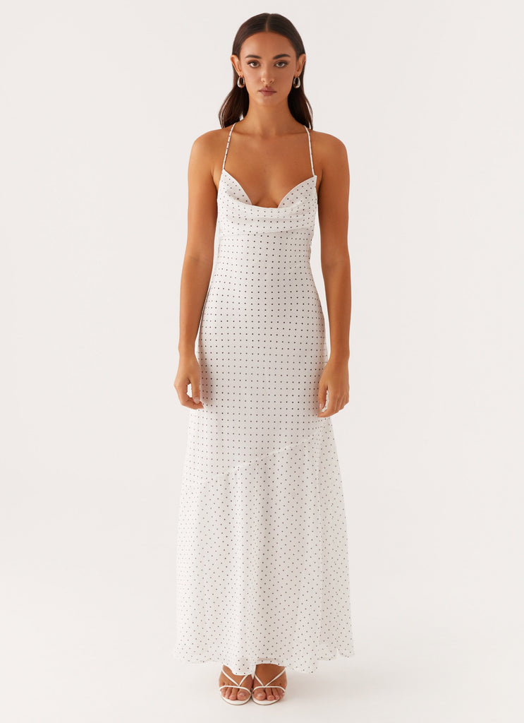 Peppermayo Peppermayo Exclusive - Alianna Cowl Neck Mesh Maxi Dress - White Polka Dot