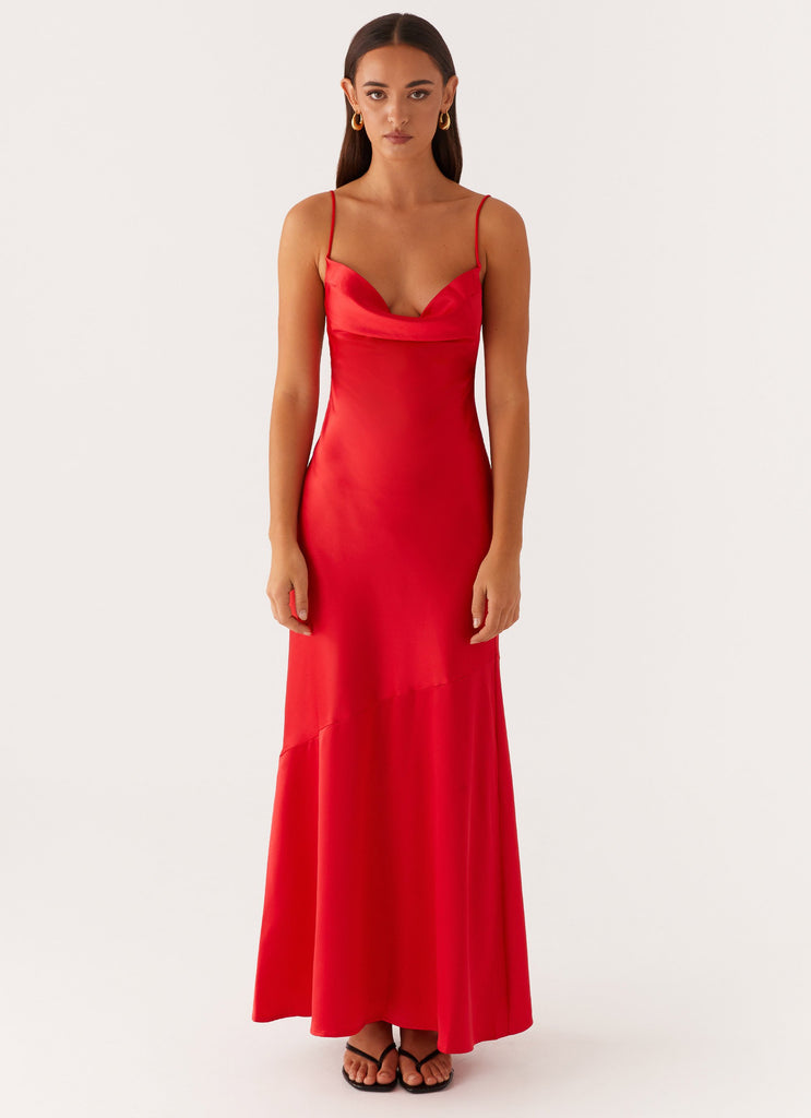 Peppermayo Peppermayo Exclusive - Alianna Cowl Neck Satin Maxi Dress - Red