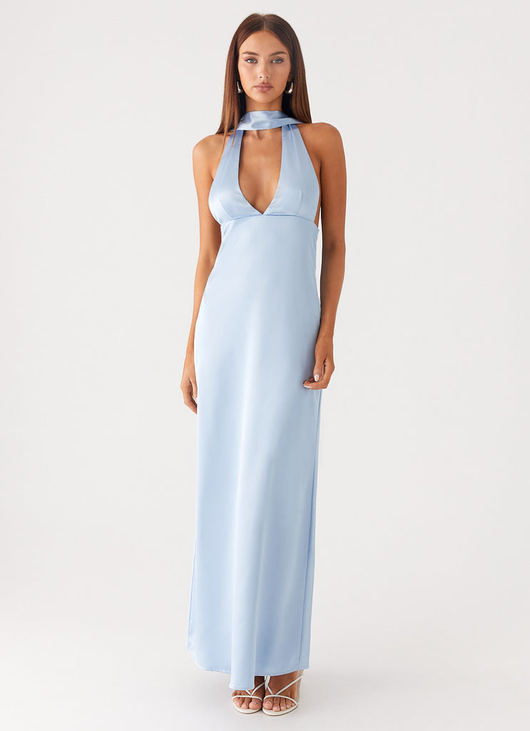 Peppermayo Peppermayo Exclusive - Alicia Satin Halter Maxi Dress - Baby Blue