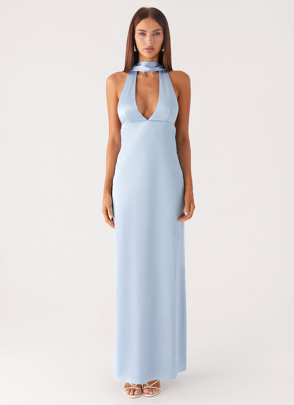 peppermayo Peppermayo Exclusive - Alicia Satin Halter Maxi Dress - Baby Blue