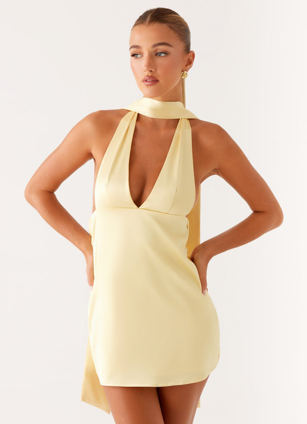 peppermayo Peppermayo Exclusive - Alicia Satin Halter Mini Dress - Pastel Yellow