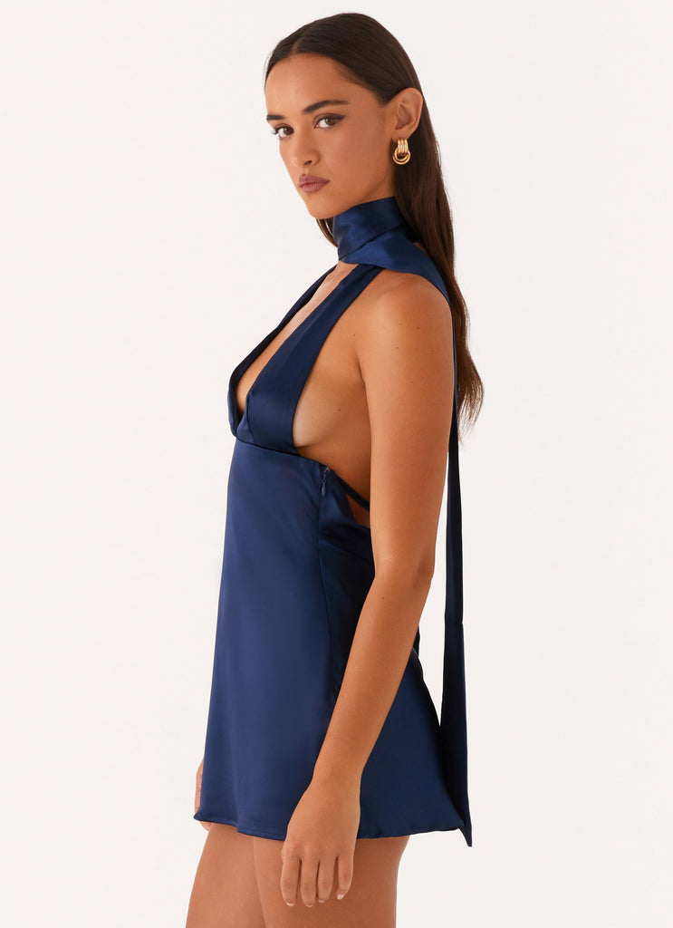 Peppermayo Peppermayo Exclusive - Alicia Satin Halter Mini Dress - Navy