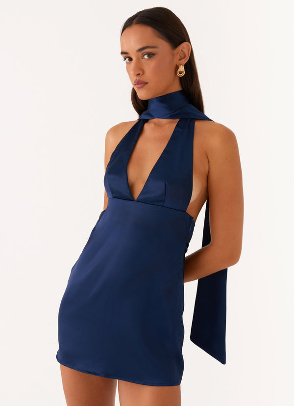 peppermayo Peppermayo Exclusive - Alicia Satin Halter Mini Dress - Navy