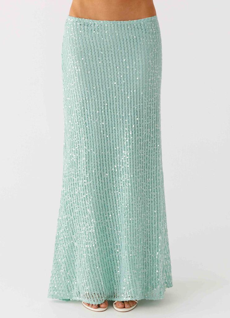Peppermayo Peppermayo Exclusive - Amoura Sequin Low Rise Maxi Skirt - Mint Sage