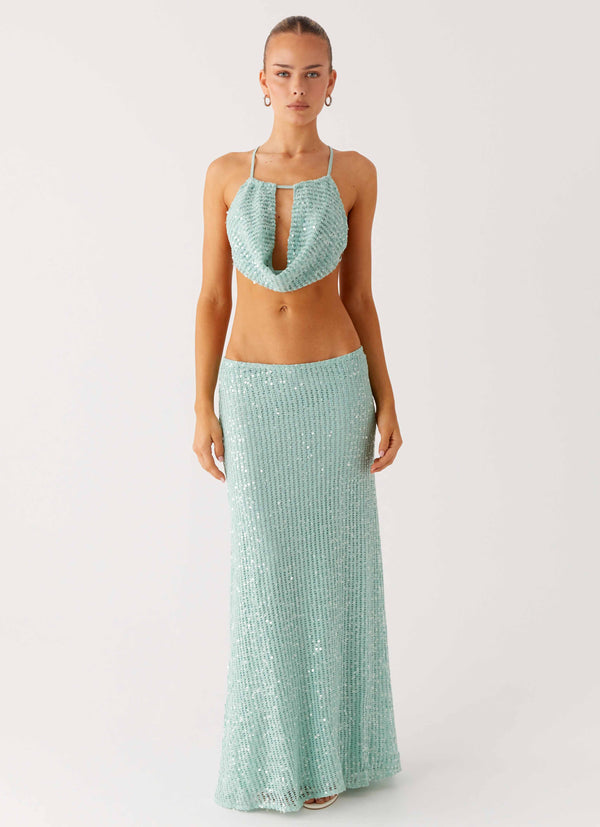 peppermayo Peppermayo Exclusive - Amoura Sequin Low Rise Maxi Skirt - Mint Sage