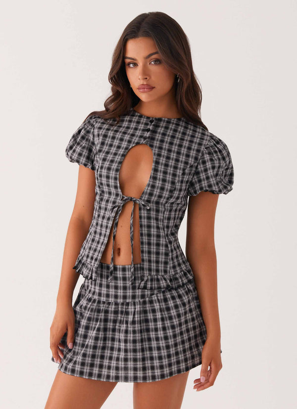 peppermayo Peppermayo Exclusive - Annie Puff Sleeve Top - White Black Check