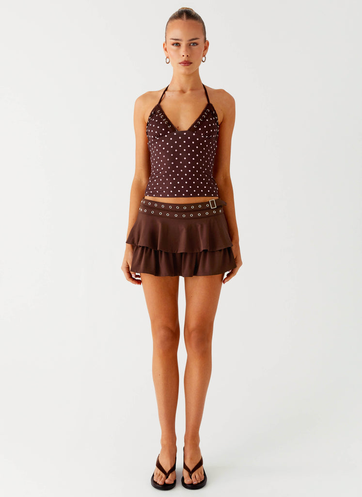 Peppermayo Peppermayo Exclusive - Bahama Eyelet Lace Up Top - Chocolate Strawberry Dot