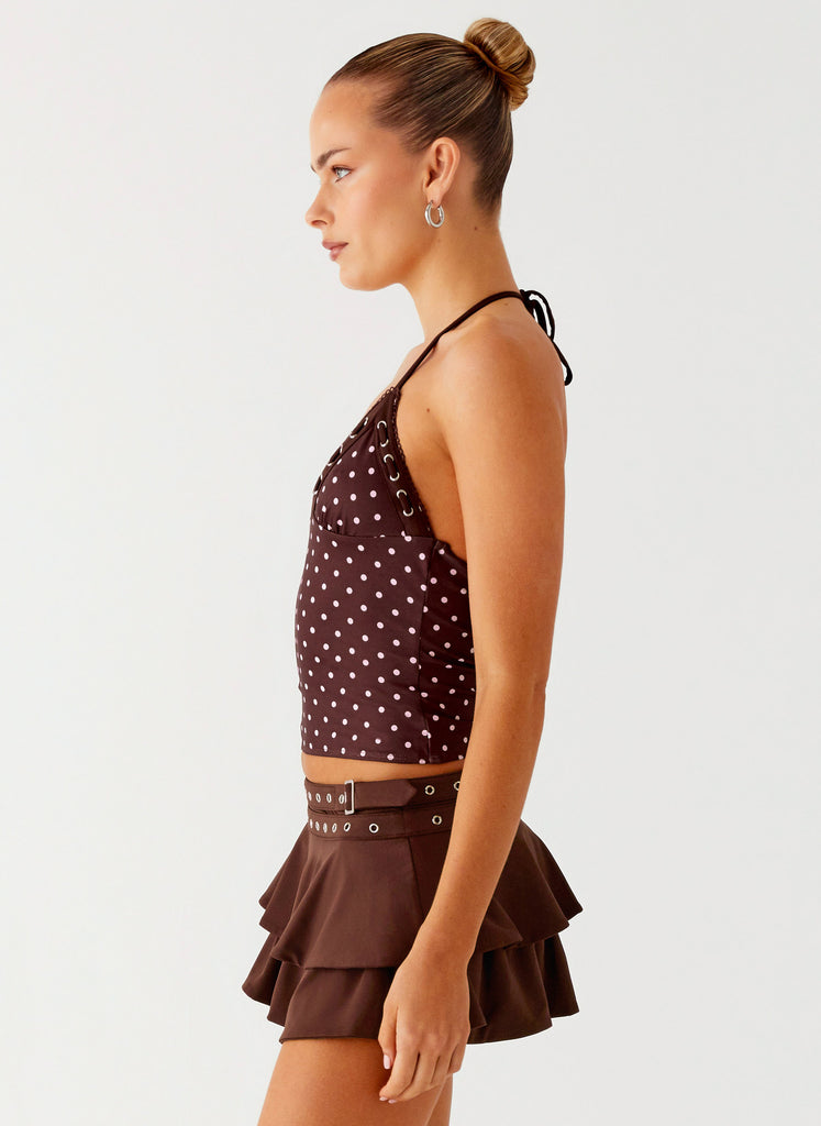 Peppermayo Peppermayo Exclusive - Bahama Eyelet Lace Up Top - Chocolate Strawberry Dot