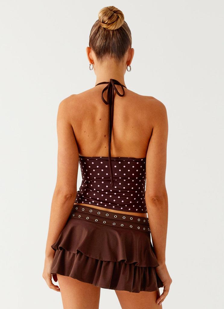 Peppermayo Peppermayo Exclusive - Bahama Eyelet Lace Up Top - Chocolate Strawberry Dot
