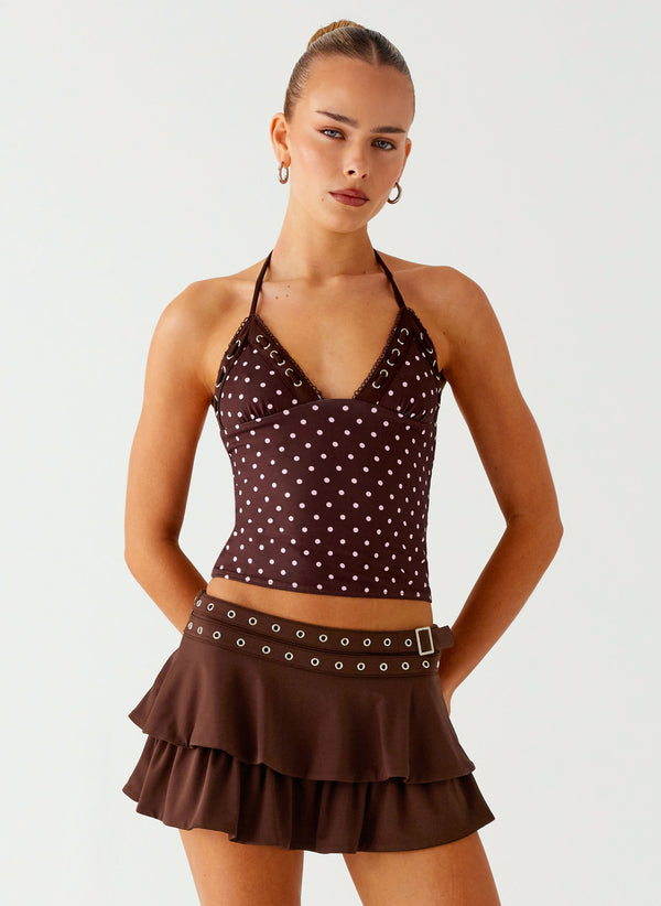 peppermayo Peppermayo Exclusive - Bahama Eyelet Lace Up Top - Chocolate Strawberry Dot