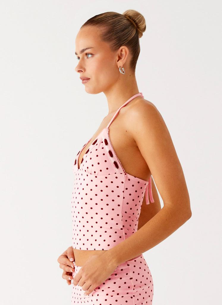 Peppermayo Peppermayo Exclusive - Bahama Eyelet Lace Up Top - Strawberry Dot