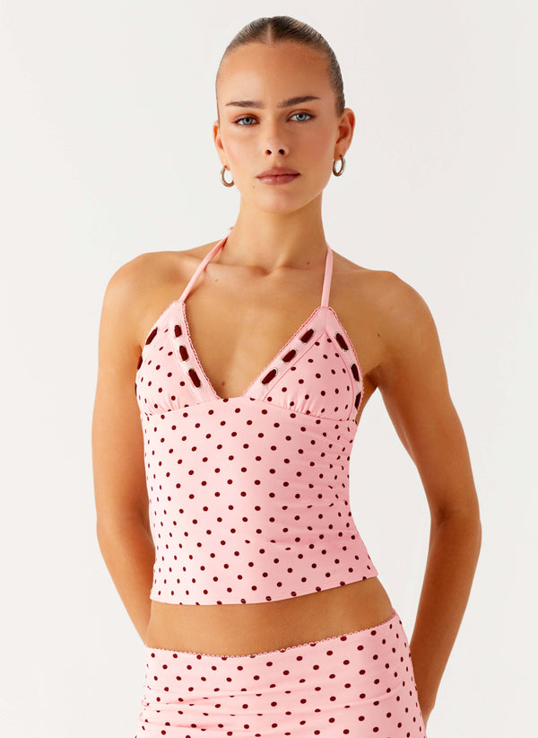 peppermayo Peppermayo Exclusive - Bahama Eyelet Lace Up Top - Strawberry Dot