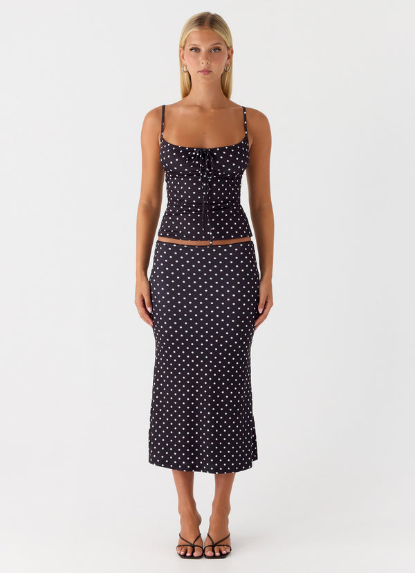 peppermayo Peppermayo Exclusive - Bahama Low Rise Midi Skirt - Black Polkadot