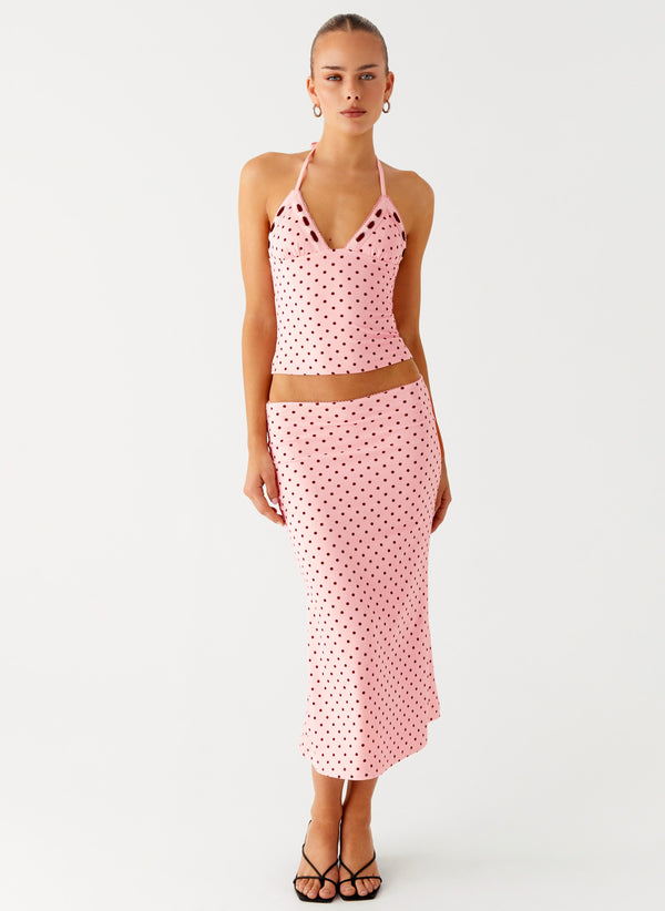peppermayo Peppermayo Exclusive - Bahama Low Rise Midi Skirt - Strawberry Dot