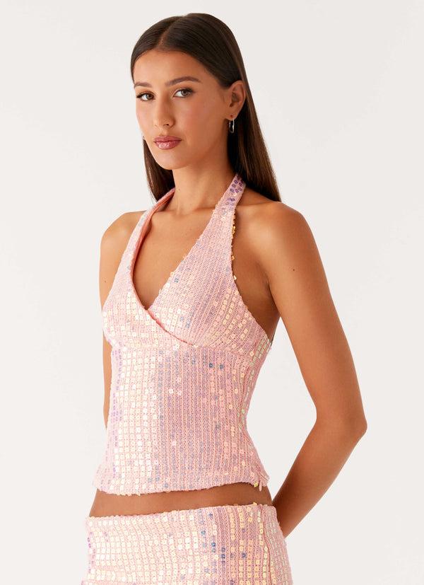 peppermayo Peppermayo Exclusive - Been That Girl Halter Knit Sequin Top - Iridescent Pink