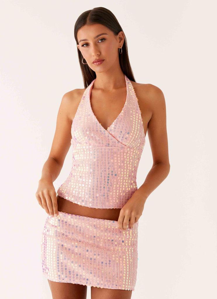 Peppermayo Peppermayo Exclusive - Been That Girl Knit Sequin Mini Skirt - Iridescent Pink