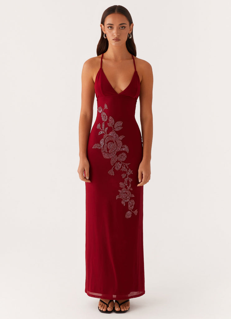 Peppermayo Peppermayo Exclusive - Beki Beaded Mesh Maxi Dress - Deep Red
