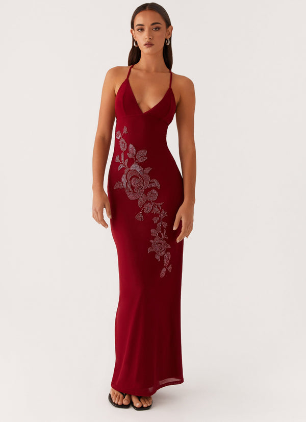 peppermayo Peppermayo Exclusive - Beki Beaded Mesh Maxi Dress - Deep Red