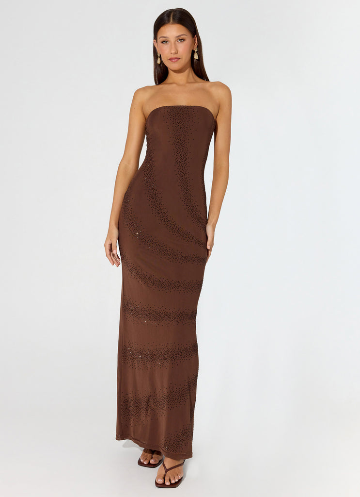 Peppermayo Peppermayo Exclusive - Belisse Beaded Mesh Maxi Dress - Chocolate