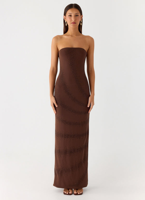 peppermayo Peppermayo Exclusive - Belisse Beaded Mesh Maxi Dress - Chocolate