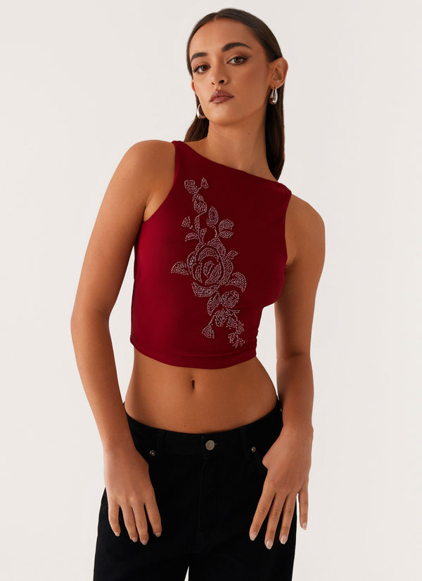 peppermayo Peppermayo Exclusive - Brae Beaded Mesh Top - Deep Red