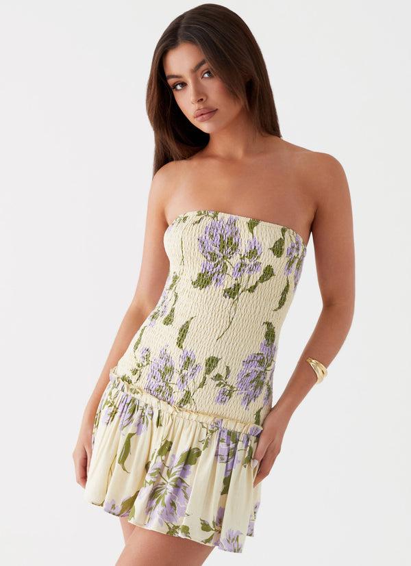 peppermayo Peppermayo Exclusive - Break From Toronto Linen Mini Dress - Yellow Purple Floral