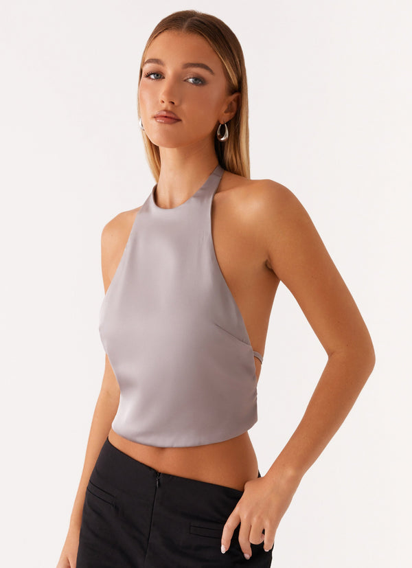 peppermayo Peppermayo Exclusive - Bree Satin Halterneck Top - Grey