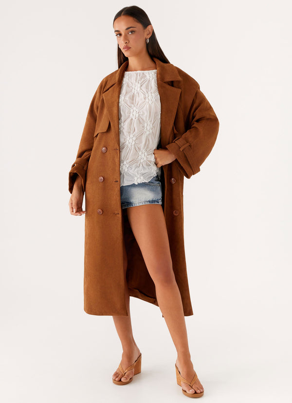 peppermayo Peppermayo Exclusive - Bridie Faux Suede Trench Coat - Brown