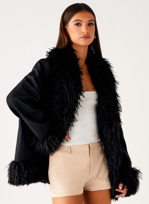 peppermayo Peppermayo Exclusive - Carmelita Faux Fur Trim Jacket - Black
