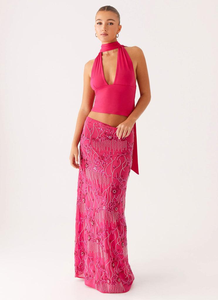 Peppermayo Peppermayo Exclusive - Corinna Low Rise Sequin Maxi Skirt - Fuchsia