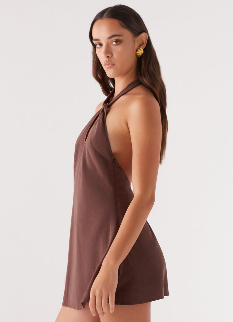 Peppermayo Peppermayo Exclusive - Counting Stars Linen Halterneck Dress - Chocolate