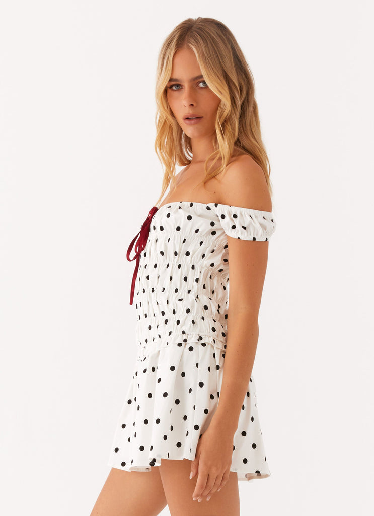 Peppermayo Peppermayo Exclusive - Countryside Off Shoulder Mini Dress - White Polkadot