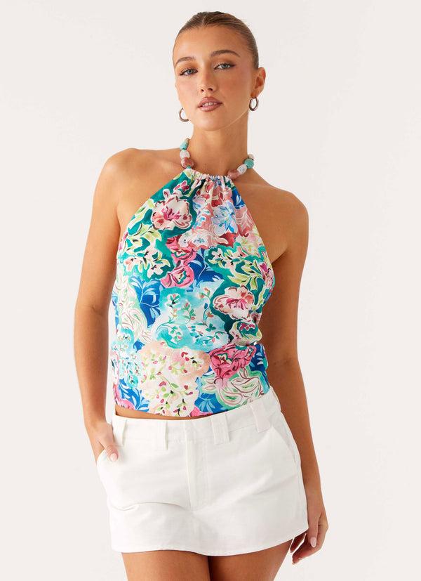 peppermayo Peppermayo Exclusive - Dalila Beaded Tie Back Top - Santorini Floral