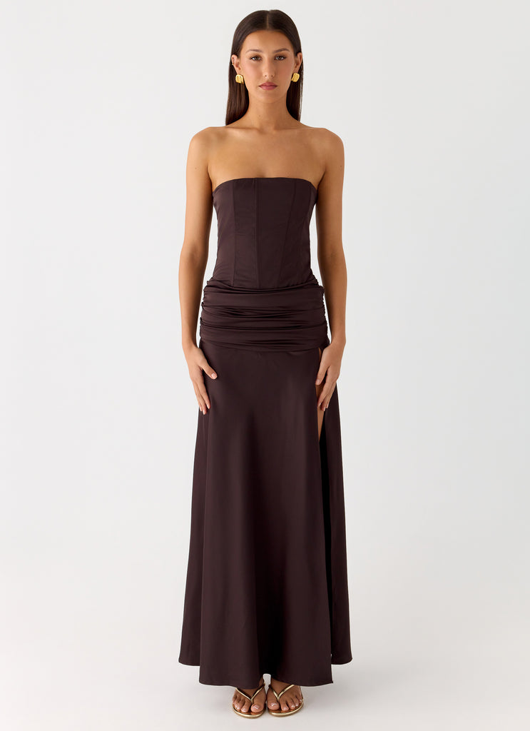Peppermayo Peppermayo Exclusive - Darana Corset Satin Maxi Dress - Chocolate
