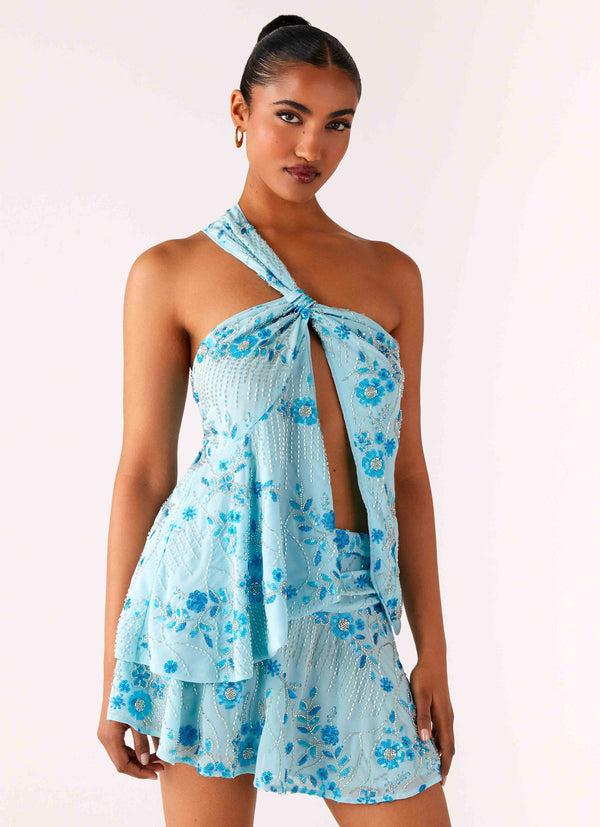 peppermayo Peppermayo Exclusive - Delight Me Beaded Asymmetrical Top - Blue