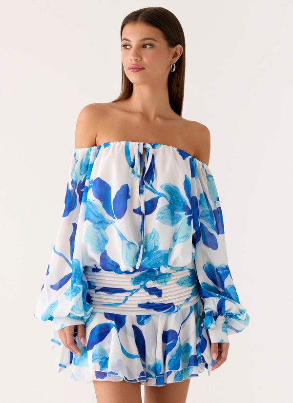 peppermayo Peppermayo Exclusive - Eira Balloon Sleeve Mini Dress - Cerulean Bloom