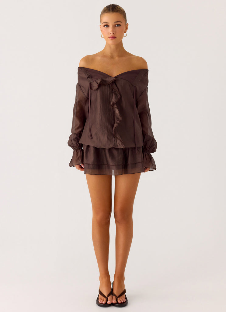 Peppermayo Peppermayo Exclusive - Elris Drop Waist Mini Dress - Cool Chocolate