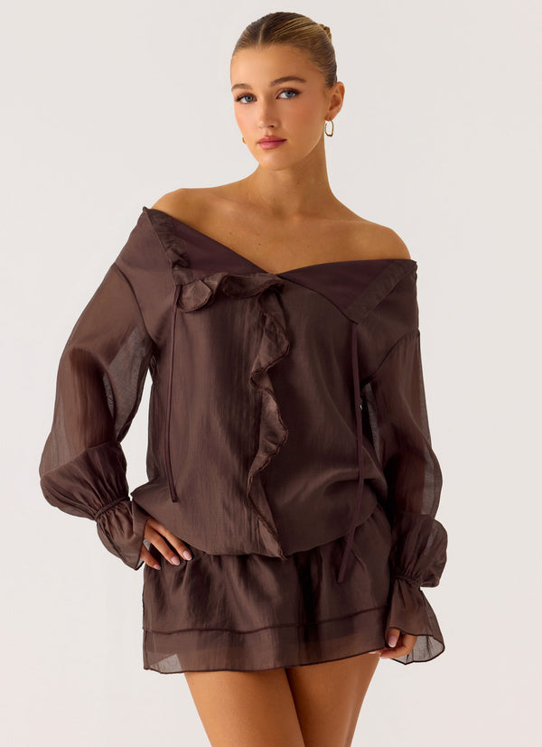 peppermayo Peppermayo Exclusive - Elris Drop Waist Mini Dress - Cool Chocolate