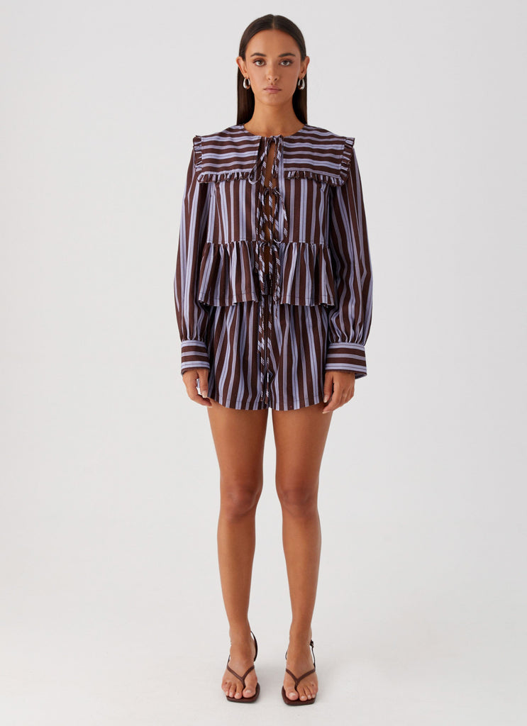 Peppermayo Peppermayo Exclusive - Emerson Tie Front Long Sleeve Top - Purple Brown Stripe